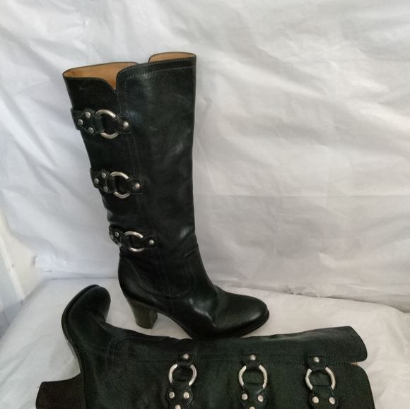 Frye Fiona 3 Strap Black Leather High Heel Womens  riding Boots Size 6M - Picture 11 of 16